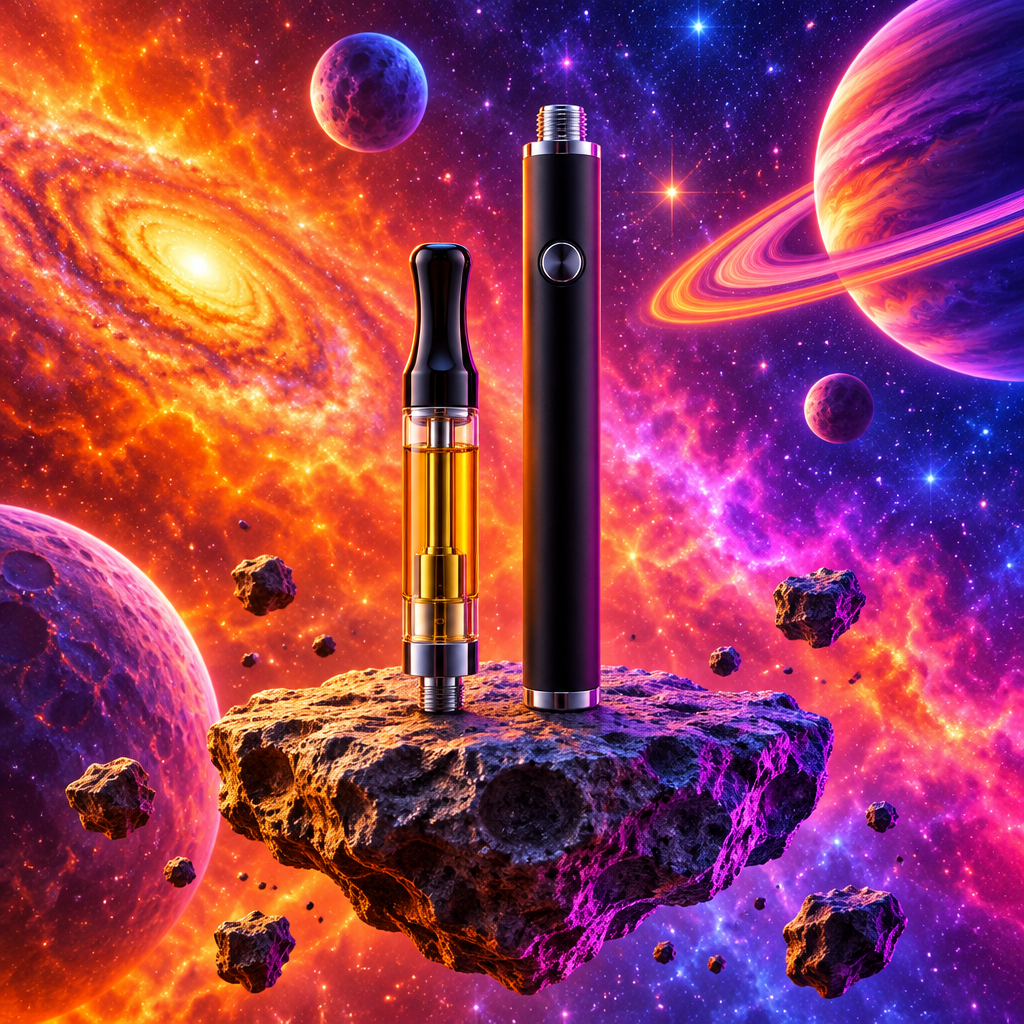 THC Kartusche mit 510er-Gewinde und Vape Pen Akku auf einem Asteroiden im Weltall