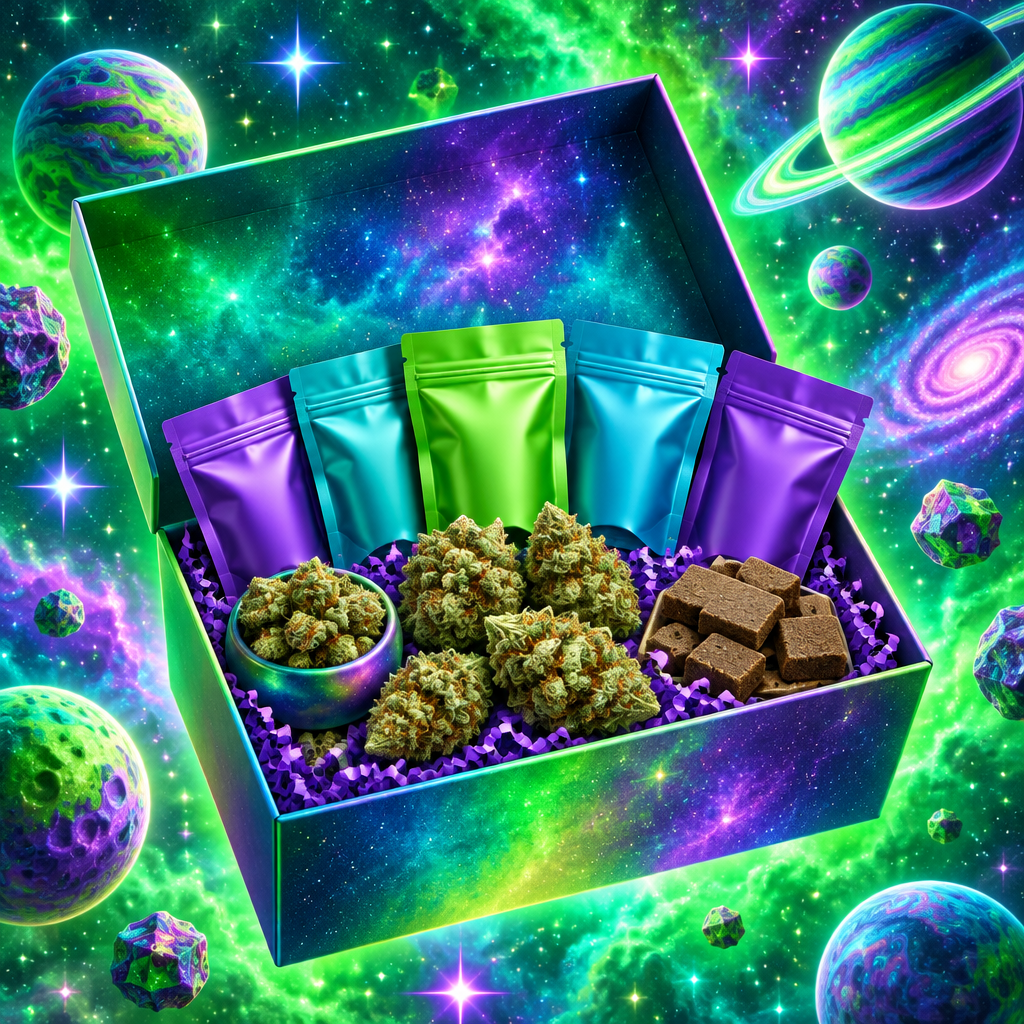 Geöffnetes CBD Probierset mit fünf Beuteln, CBD Blüten und Hash vor grün-violettem Hintergrund