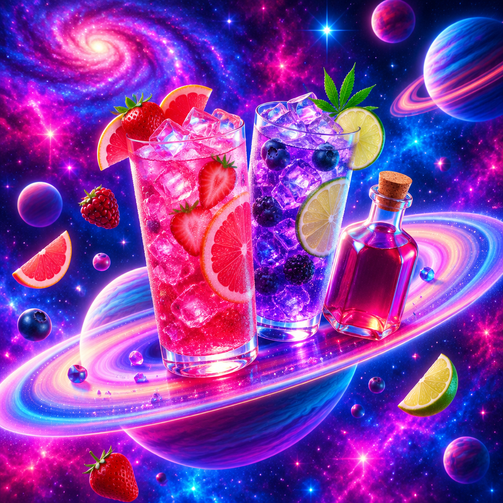 Zwei Gläser mit Fruchtgetränken, Eiswürfeln und einer Flasche THC Sirup in violett-rosa kosmischem Dekor